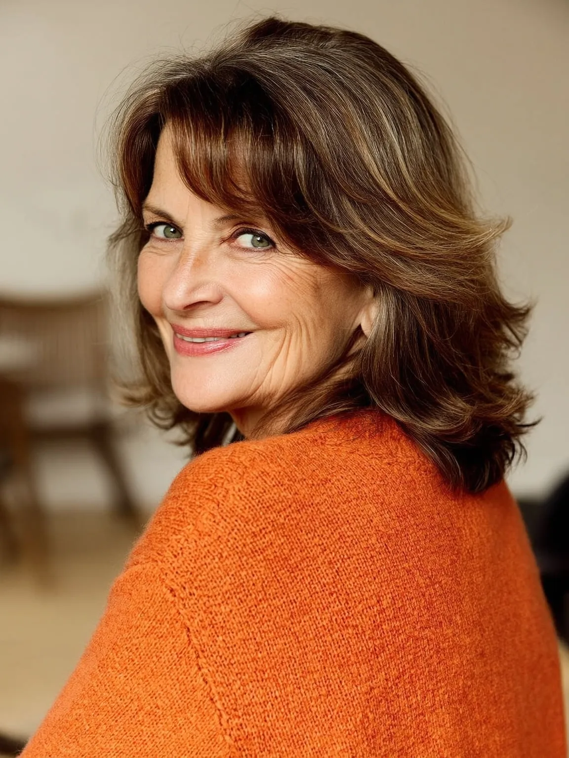 Warm Caramel Brown Shoulder-Length Layered Bob